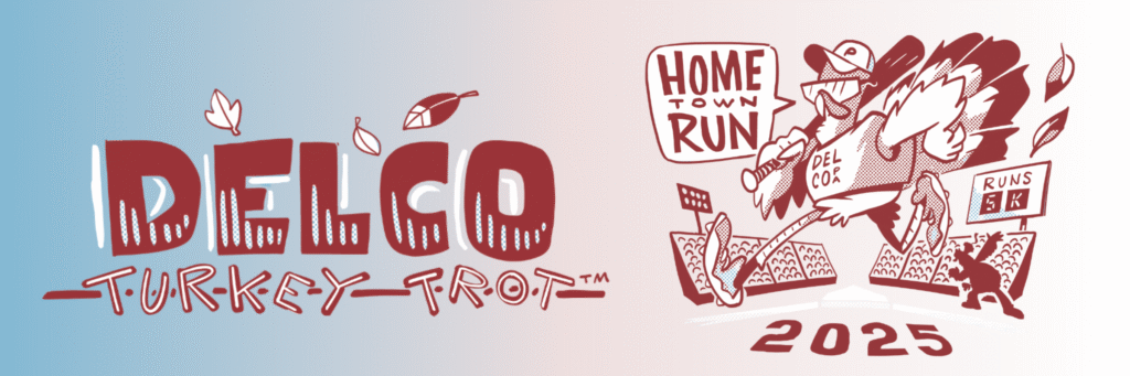 Logo for the Delco Turkey Trot race with a drawing of a cartoon turkey holding a 'Home Town Run' sign.